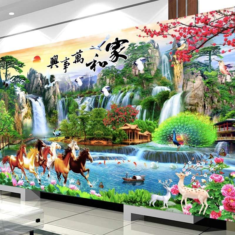 家和万事兴马到成功八骏图十字绣2025新款线绣高级感客厅满绣山水