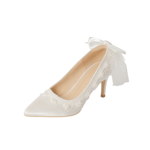 【椿】jasmine/尖头蕾丝边后网纱蝴蝶结细跟高跟鞋仙女伴娘鞋婚鞋