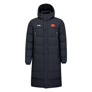 李宁羽绒服带国旗过膝长款中长款冬季防风运动连帽加厚保暖鸭绒