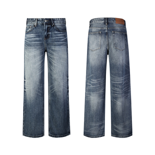 ALLFIT 深海蓝A字宽松直筒牛仔裤14oz立体猫须蜂窝百搭通勤长裤男