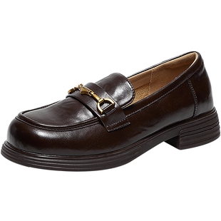 千百度真皮中跟乐福鞋女款秋季新款通勤小皮鞋复古深口单鞋