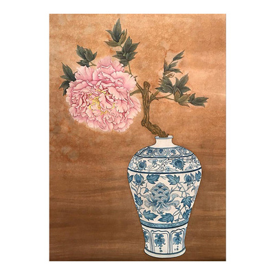 牡丹花开富贵新中式客厅装饰画玄关青花瓷花瓶喷绘油画中古风挂画