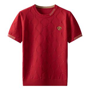 马年男士红色圆领短袖针织衫本命年刺绣毛衣加大码半袖t恤打底衫