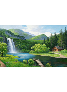 大芬村纯手绘青山绿水油画横幅