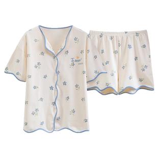 可外穿睡衣女士夏季短袖纯棉短裤薄款休闲开衫翻领女款夏天家居服
