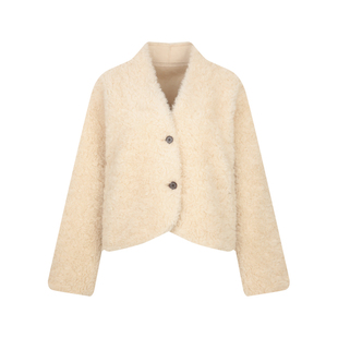 BLUEerror 全羊毛保暖毛茸茸短款棕色皮草女皮毛一体毛绒外套冬季