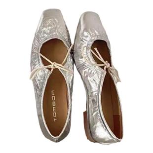 断码特价清TOMBOR通宝浅口芭蕾舞绑带平底单鞋法式真皮玛丽珍女鞋