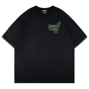 ZMOH圆领情侣全棉短袖2025年夏季新款男生花卉刺绣透气重磅T恤女