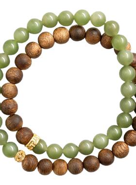 和田玉绿奇楠沉水级双圈手链