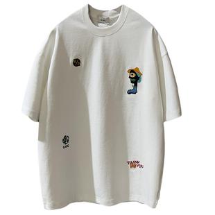 创意刺绣花男款白色t恤圆领短袖2025夏新款简约百搭高端宽松上衣