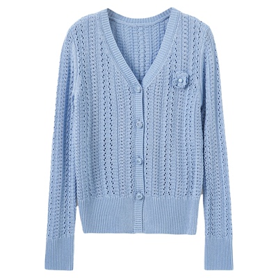 LUNAFUNG冯下文·蓝色V领慵懒镂空针织衫胸针花朵长袖上衣开衫女