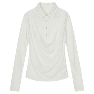 F383 美式复古假两件设计感POLO领内搭长袖T恤女休闲显瘦打底上衣