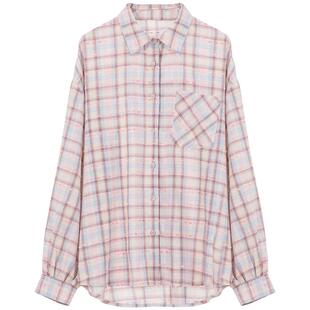 LAGOGO彩虹格子粉色衬衫女拉谷谷2025秋冬新款薄外套宽松上衣