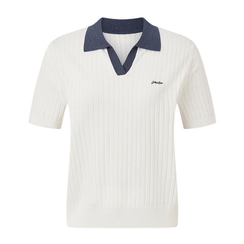 【夏季新品】GOLDEN BEAR/金熊2026年女士撞色翻领短袖针织衫