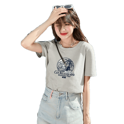 唐狮夏新款短袖T恤女圆领宽松别致风景单色图案休闲内搭上衣sz