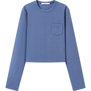 7AM10PM 设计感蓝色泡泡纱暗条纹长袖T恤女百搭简约圆领气质上衣