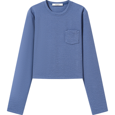 设计感蓝色泡泡纱暗条纹长袖T恤