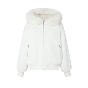 【瑞拉仙境】Uena白色细闪针织开衫连帽宽松加绒卫衣外套毛领可拆