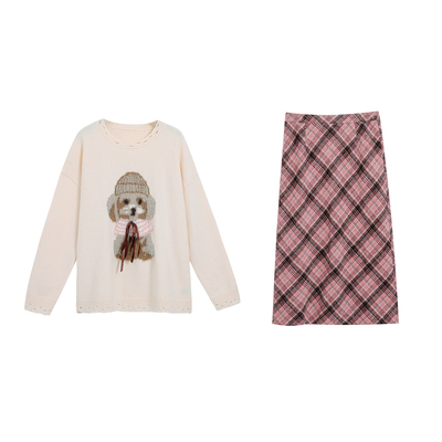 大码女装胖mm独特超好看冬装套装秋冬季显瘦毛衣格纹半身裙两件套