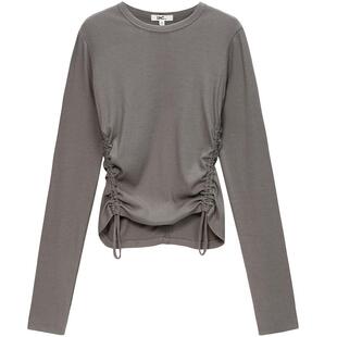 LINC金羽杰内搭女上衣性感抽褶打底衫圆领修身长袖T恤女FK091Y