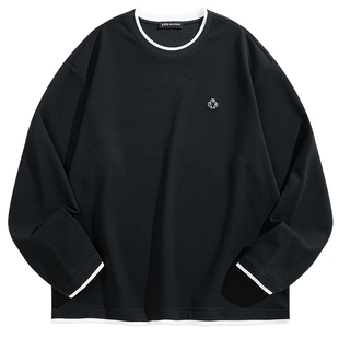 【假两件】太平鸟男装圆领刺绣长袖T恤2026春季新款时尚打底衫潮