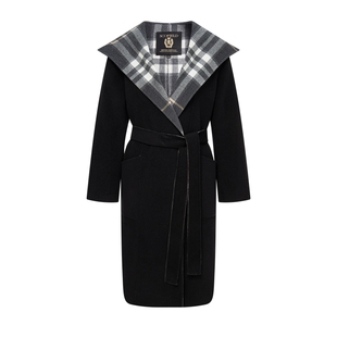 【羊毛100%】Scofield女装浴袍连帽毛呢大衣格纹拼接2025冬季新品