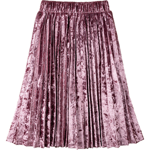 女童百褶丝绒半身裙儿童中长款光泽复古长裙宝宝百搭裙子春秋冬季