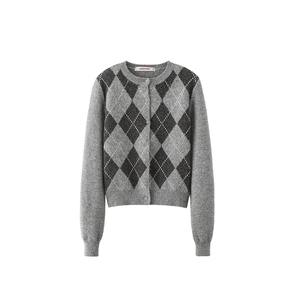 1JINN STUDIO miu系菱格圆领长袖针织开衫女秋冬学院风毛衣上衣