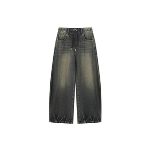 安妮不火 美式水洗做旧系带弯刀牛仔裤女微胖大码宽松抽绳镰刀裤