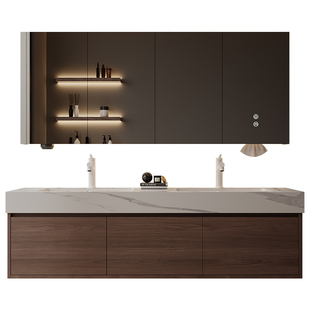 欧派中古风胡桃木浴室柜组合岩板无缝一体盆双台盆洗脸盆柜卫浴柜