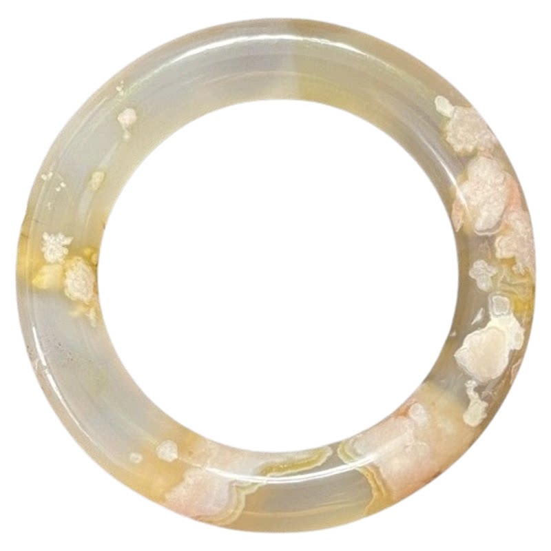 天然精品樱花玛瑙圆条手镯黄绿勾边飘花成型花高级玛瑙手镯福镯