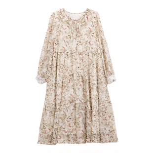 芭依璐2026春装新款碎花雪纺连衣裙长袖收腰气质法式韩版荷叶边女