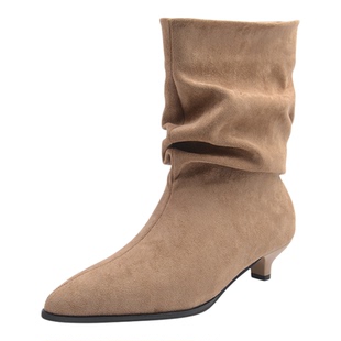 尖头短靴女秋冬加绒宽胖脚粗腿低跟3cm瘦瘦靴法式堆堆靴大码4143