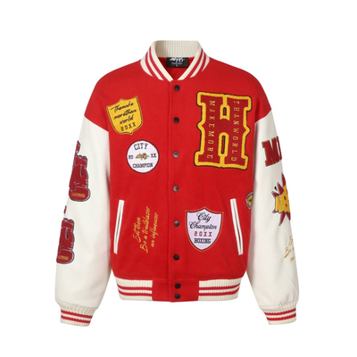 Makemore美式红色复古毛呢棒球服