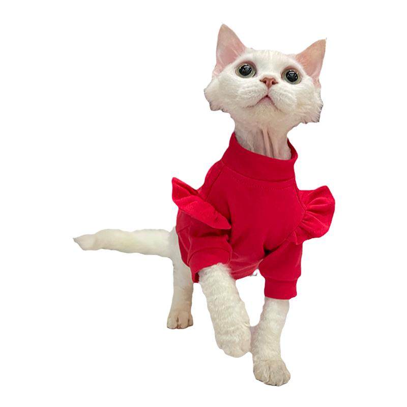 新年红花边T恤无毛猫衣服斯芬克斯猫德文衣服婴儿棉春秋冬