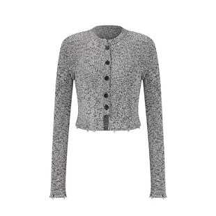 IAmMIX27简约圆领针织开衫女复古设计感毛须百搭休闲短款棉纱上衣