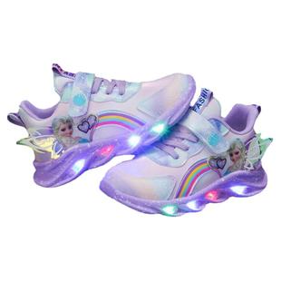 女童运动鞋带灯艾莎公主儿童鞋子中大童女孩加绒款冰雪奇缘跑步鞋