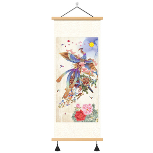 国画百鸟朝凤图玄关装饰挂画现代入户风水中式吉祥如意凤凰卷轴画