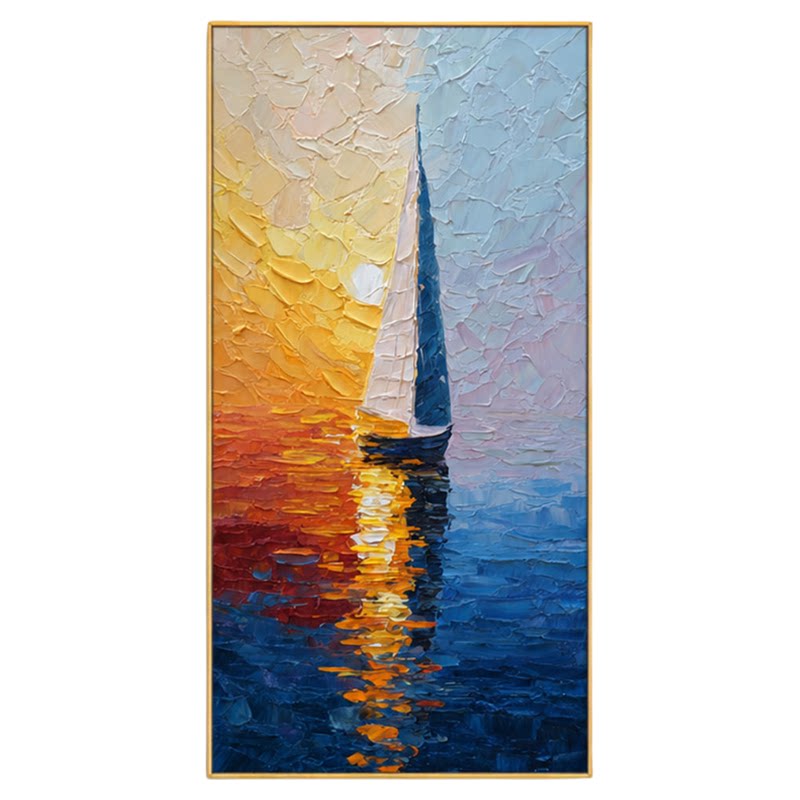 大芬村手绘红蓝撞色海景油画