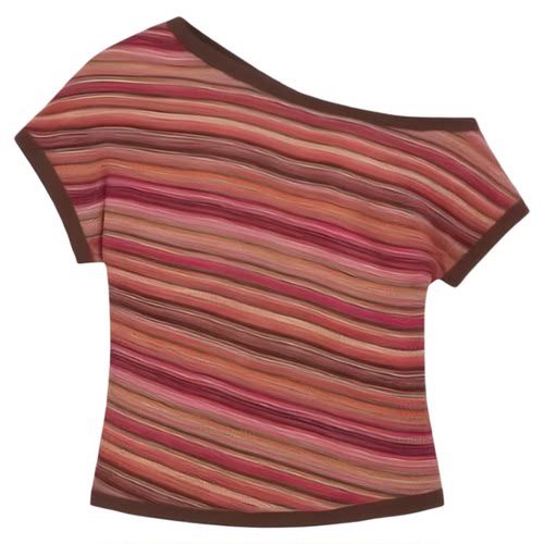 条纹斜肩领上衣女Colorful striped sloping shoulder collar top