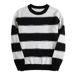 明星同款圆领100羊绒衫男青年黑白条纹高端毛衣加厚撞色针织衫潮