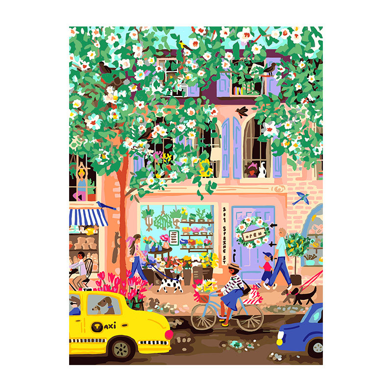 自油自画DIY数字油画鲜花小街