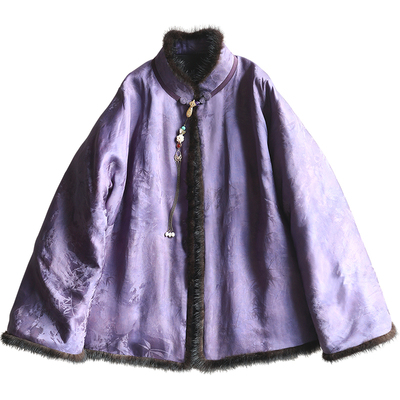 云澍中国风印花棉衣水貂毛桑蚕丝