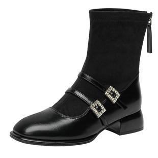 戈美其弹力瘦瘦靴子短靴女2024新款春秋单靴法式小香风玛丽珍袜靴