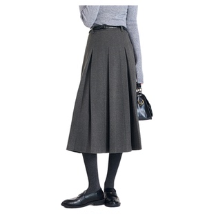 图曼朵灰色百褶裙半身裙女冬季毛呢加厚小个子高腰显瘦中长款半裙