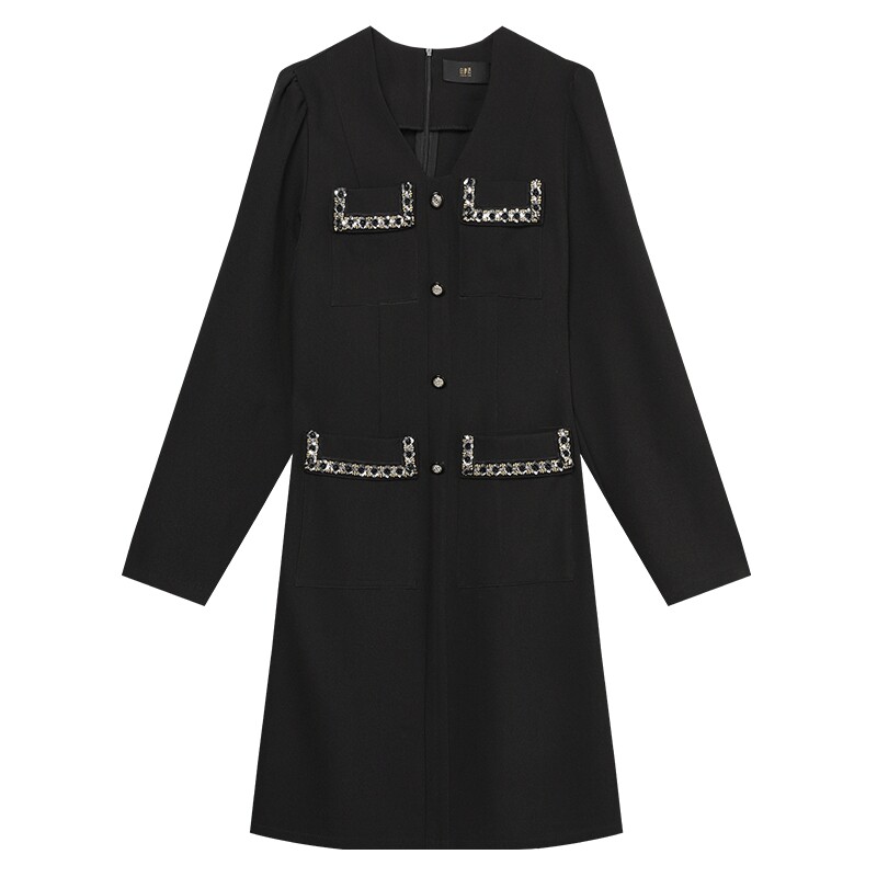 白鹿语优雅撞色花边收腰小黑裙