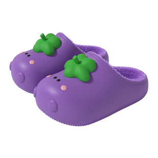 可爱茄子儿童棉拖鞋男童女童秋冬季2025新款防水家居亲子毛毛棉拖
