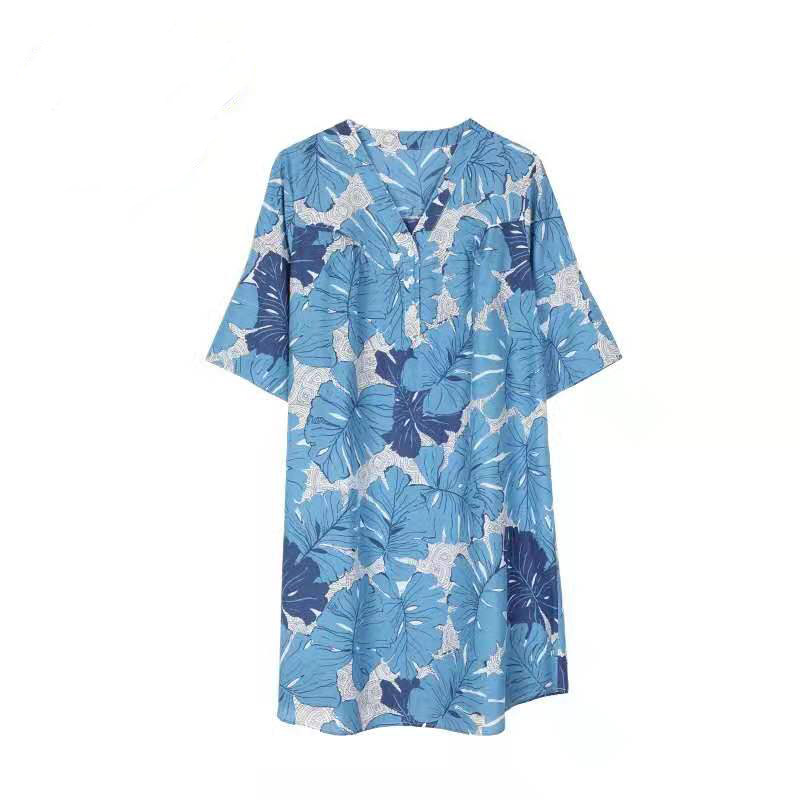 安莉芳夏季真丝家居服女桑蚕丝加棉印花中袖套头外穿睡裙EL00309