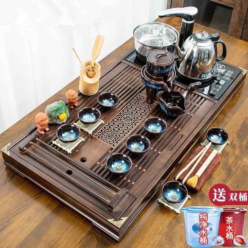 整套实木紫砂功夫茶具套装全自动烧水壶一体家用简约茶托盘泡茶台