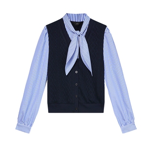 白鹿语时尚假两件上衣2024秋新款领口系带条纹针织拼接女式针织衫